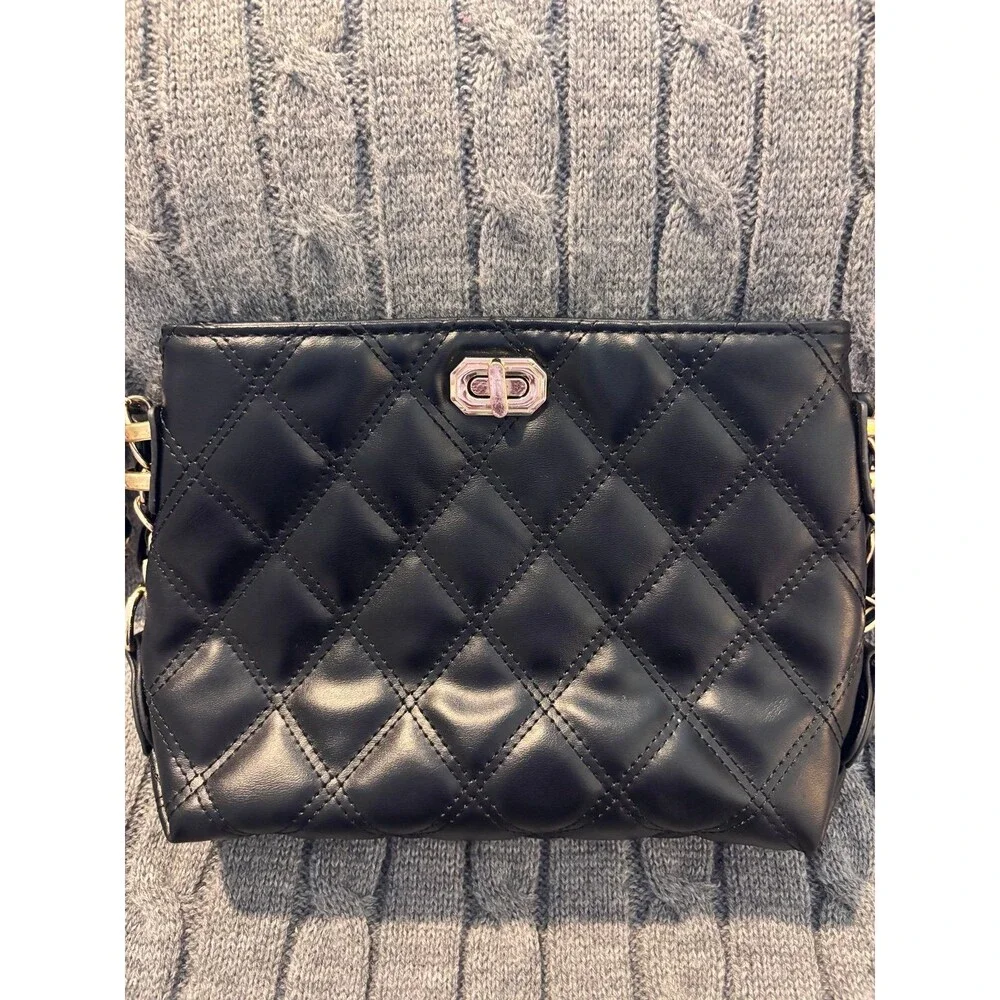 Unbranded Black Quilted Crossbody Bag | Classic Turnlock Chain Strap Mini Should